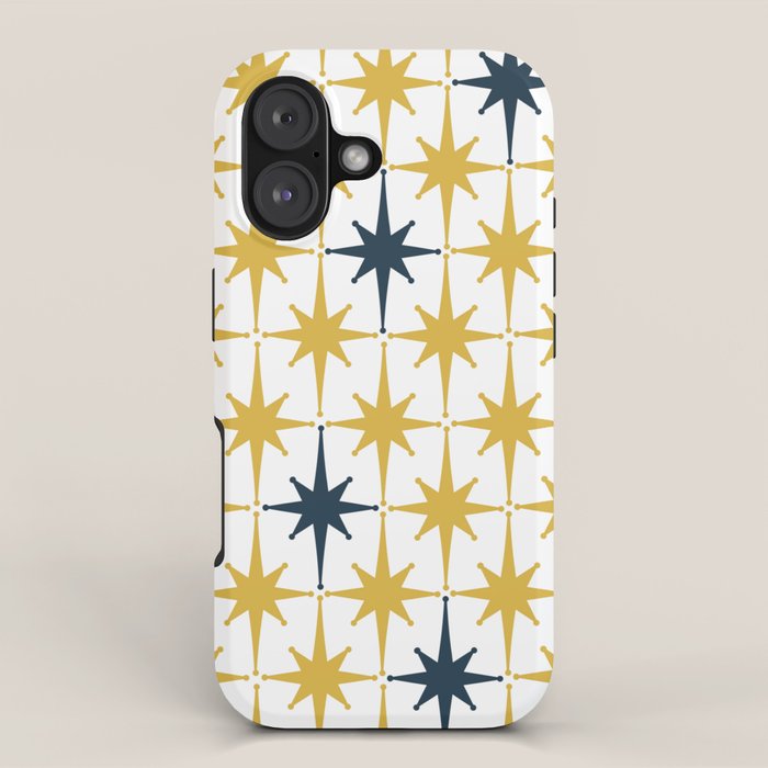Atomic Age Retro Midcentury 1950s Starburst Pattern in Light Mustard, Navy Blue, and White iPhone Case Gallery Image 1