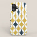 Atomic Age Retro Midcentury 1950s Starburst Pattern in Light Mustard, Navy Blue, and White iPhone Case Gallery Image 1