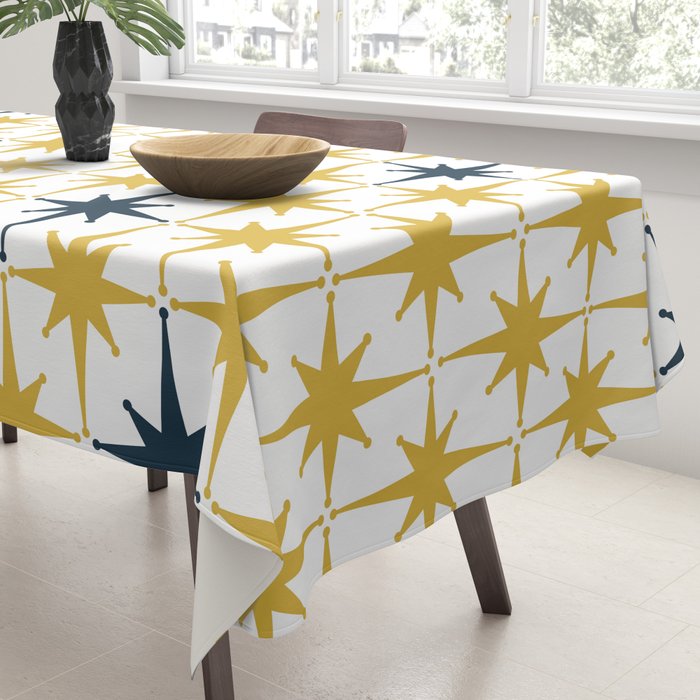 Atomic Age Retro Midcentury 1950s Starburst Pattern in Light Mustard, Navy Blue, and White Tablecloth Gallery Image 3
