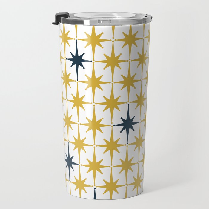 Atomic Age Retro Midcentury 1950s Starburst Pattern in Light Mustard, Navy Blue, and White Travel Mug Gallery Image 3