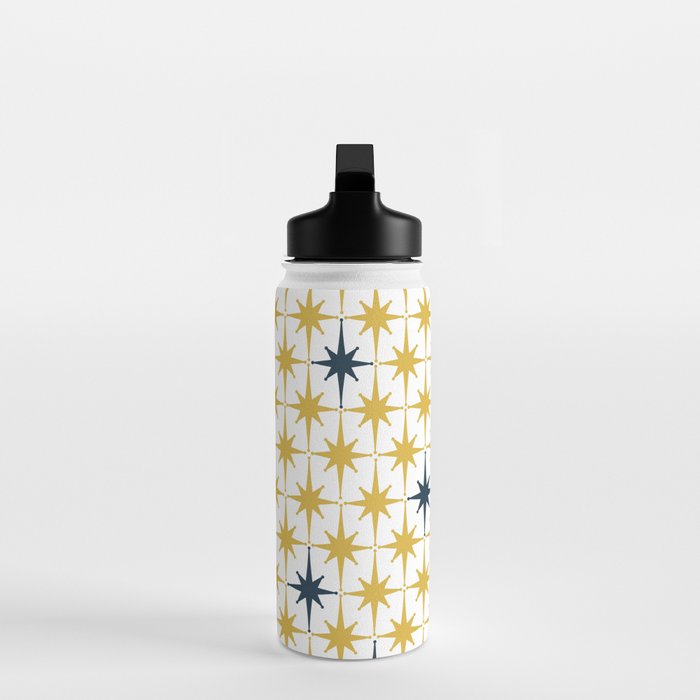Atomic Age Retro Midcentury 1950s Starburst Pattern in Light Mustard, Navy Blue, and White Water Bottle Gallery Image 3