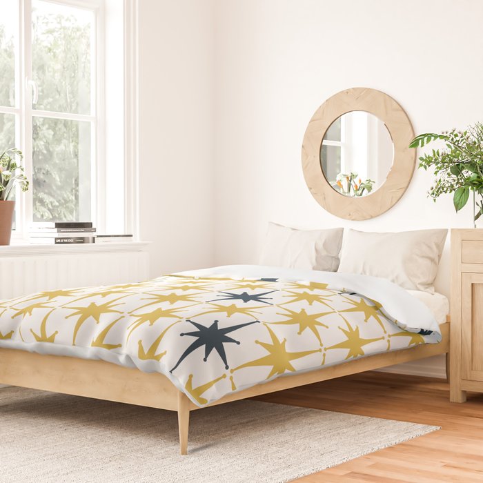 Atomic Age Retro Midcentury 1950s Starburst Pattern in Light Mustard, Navy Blue, and White Duvet Cover Gallery Image 2
