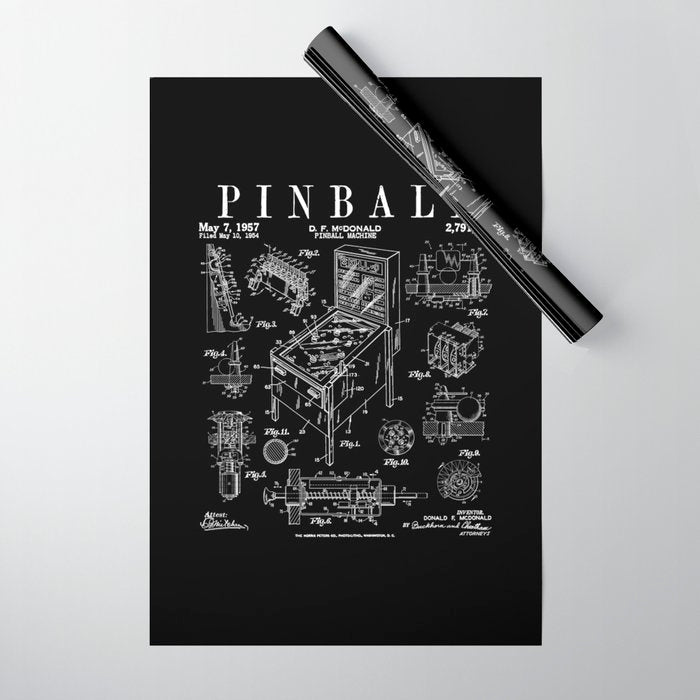 Pinball Arcade Gaming Machine Vintage Gamer Patent Print Wrapping Paper Gallery Image 1