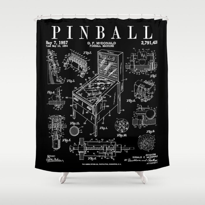 Pinball Arcade Gaming Machine Vintage Gamer Patent Print Shower Curtain Gallery Image 1