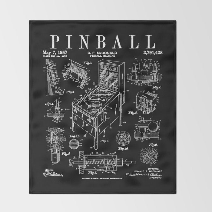 Pinball Arcade Gaming Machine Vintage Gamer Patent Print Throw Blanket Gallery Image 2