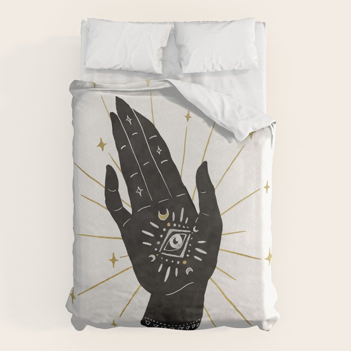 Mystic Hand with Eye - Black and Gold Ink Duvet Cover Gallery Image 6