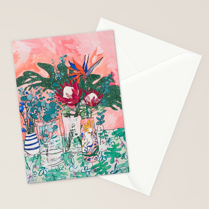 Cockatoo Vase - Bouquet of Flowers on Coral and Jungle Stationery Card Gallery Image 2