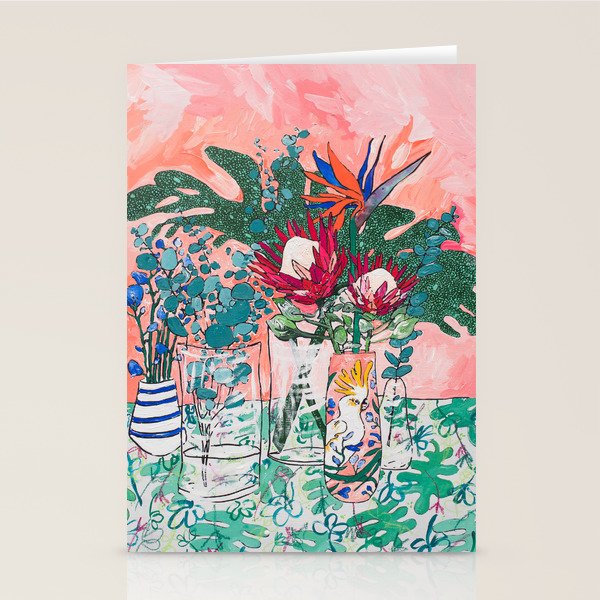 Cockatoo Vase - Bouquet of Flowers on Coral and Jungle Stationery Card Gallery Image 1