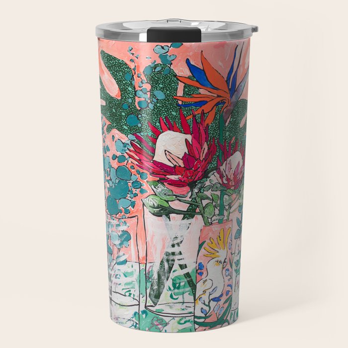 Cockatoo Vase - Bouquet of Flowers on Coral and Jungle Travel Mug Gallery Image 1