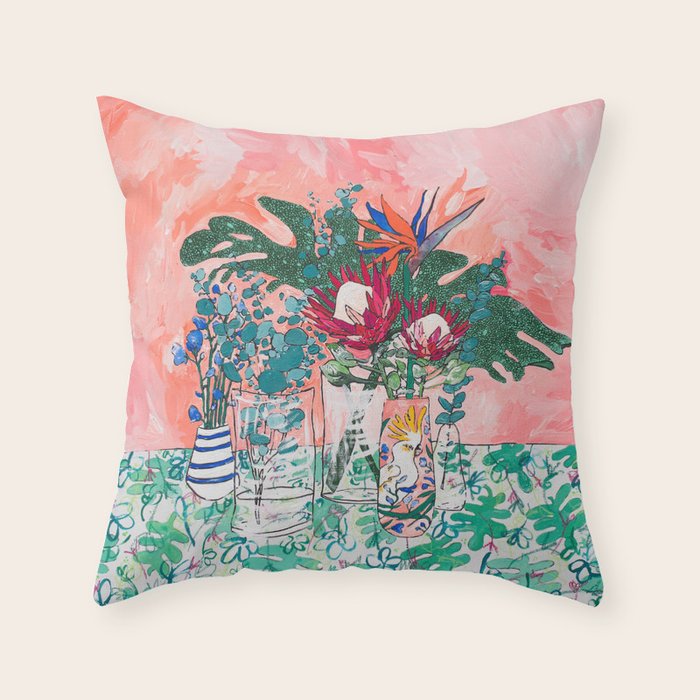 Cockatoo Vase - Bouquet of Flowers on Coral and Jungle Throw Pillow Gallery Image 1