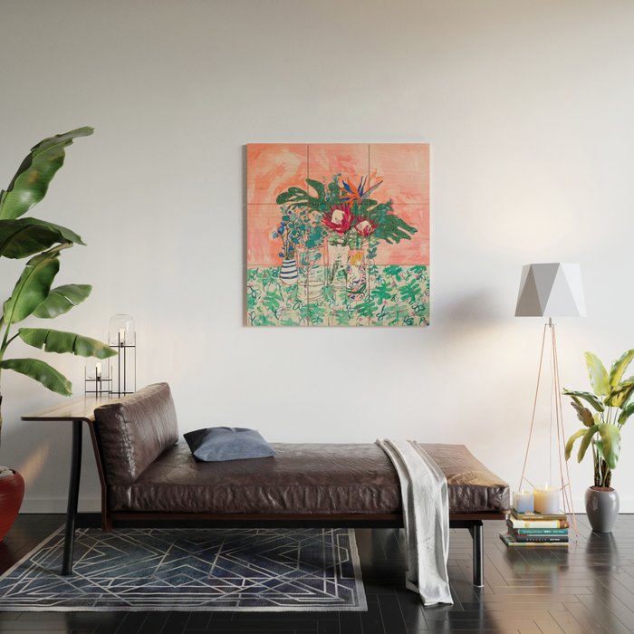 Cockatoo Vase - Bouquet of Flowers on Coral and Jungle Wood Wall Art Gallery Image 2