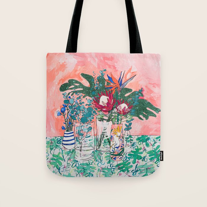 Cockatoo Vase - Bouquet of Flowers on Coral and Jungle Tote Bag Gallery Image 1