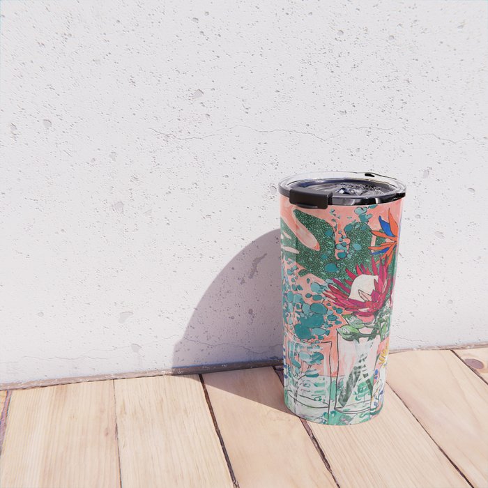 Cockatoo Vase - Bouquet of Flowers on Coral and Jungle Travel Mug Gallery Image 4