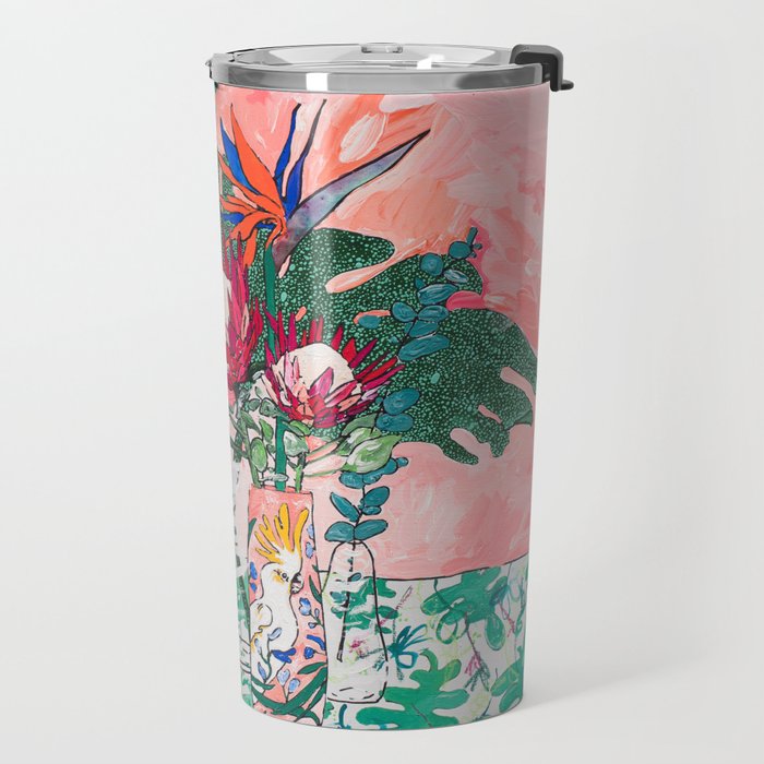 Cockatoo Vase - Bouquet of Flowers on Coral and Jungle Travel Mug Gallery Image 2