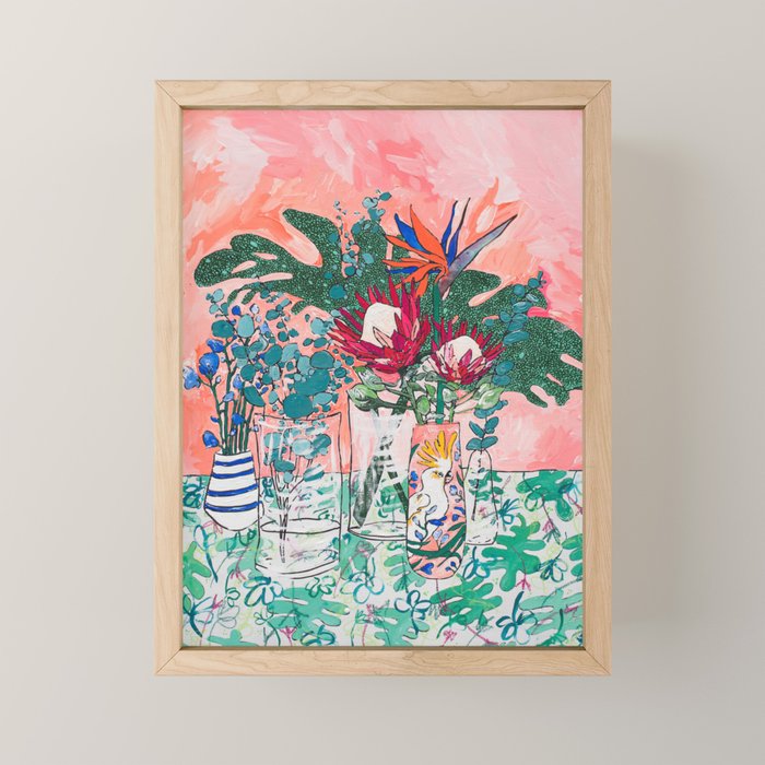 Cockatoo Vase - Bouquet of Flowers on Coral and Jungle Mini Art Print Gallery Image 1