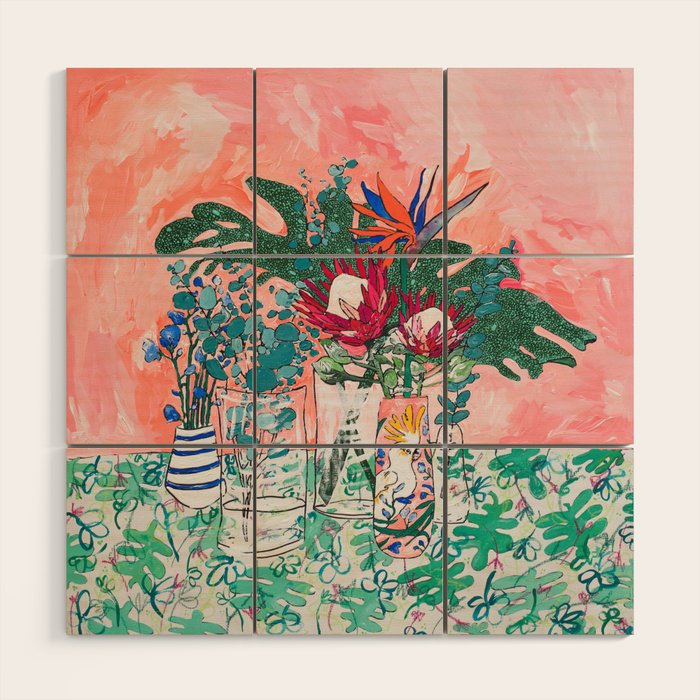Cockatoo Vase - Bouquet of Flowers on Coral and Jungle Wood Wall Art Gallery Image 1