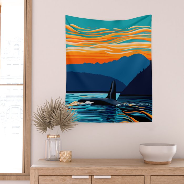 Orca into the Fire Sky Wall Tapestry Gallery Image 2