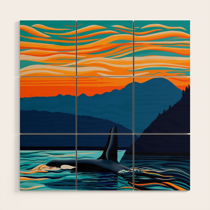 Orca into the Fire Sky Wood Wall Art