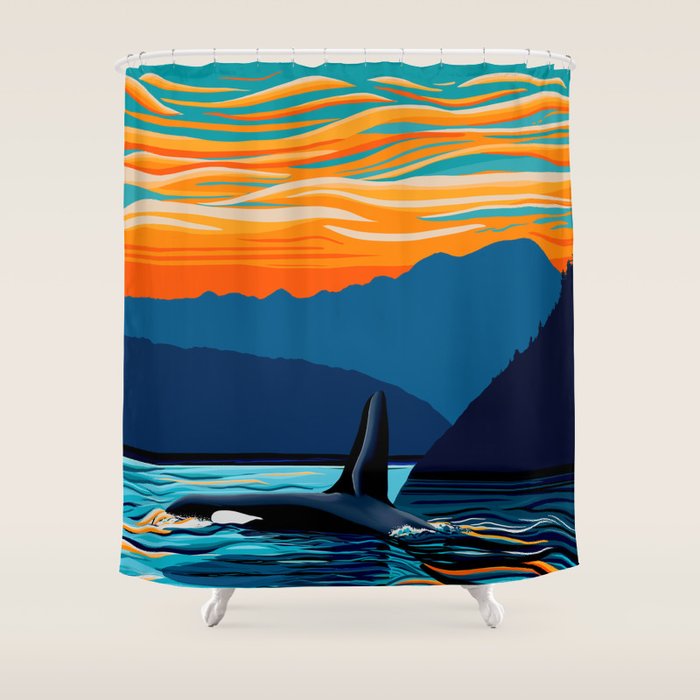 Orca into the Fire Sky Shower Curtain