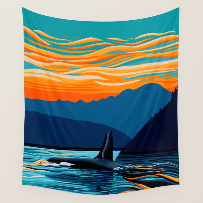 Orca into the Fire Sky Wall Tapestry Gallery Image 1