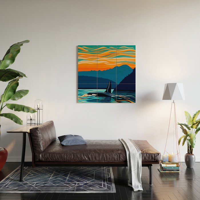 Orca into the Fire Sky Wood Wall Art Gallery Image 2