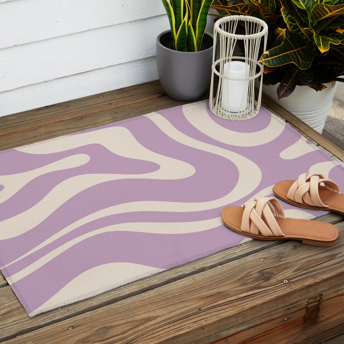 Modern Retro Liquid Swirl Abstract Pattern Square in Lavender Cream Outdoor Rug Gallery Image 2