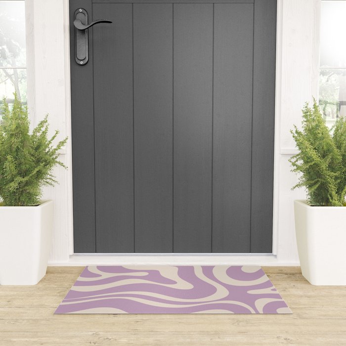 Modern Retro Liquid Swirl Abstract Pattern Square in Lavender Cream Welcome Mat Gallery Image 3