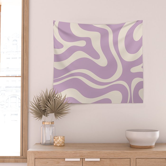 Modern Retro Liquid Swirl Abstract Pattern Square in Lavender Cream Wall Tapestry Gallery Image 2
