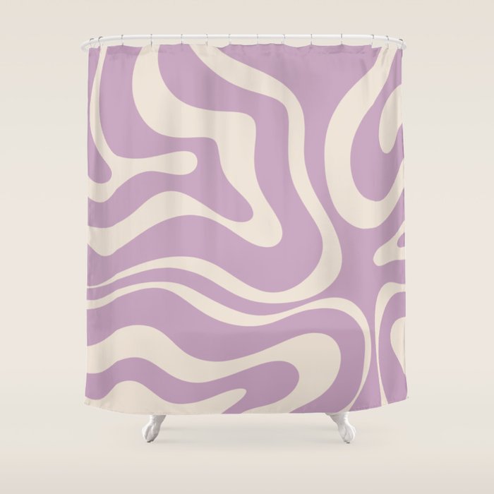 Modern Retro Liquid Swirl Abstract Pattern Square in Lavender Cream Shower Curtain Gallery Image 1