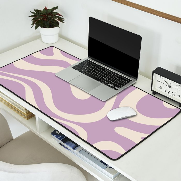 Modern Retro Liquid Swirl Abstract Pattern Square in Lavender Cream Desk Mat Gallery Image 2