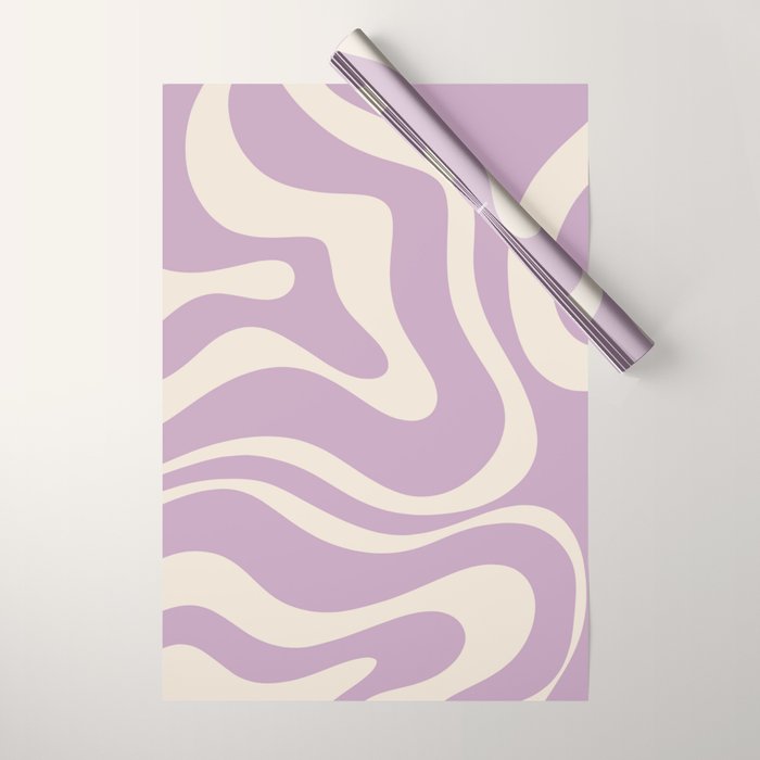 Modern Retro Liquid Swirl Abstract Pattern Square in Lavender Cream Wrapping Paper Gallery Image 1