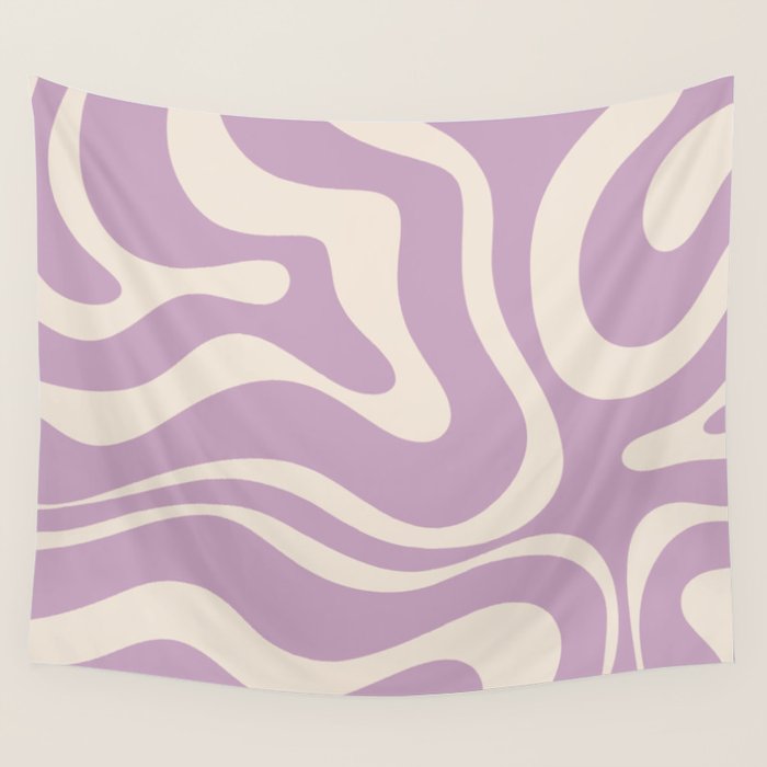Modern Retro Liquid Swirl Abstract Pattern Square in Lavender Cream Wall Tapestry Gallery Image 1