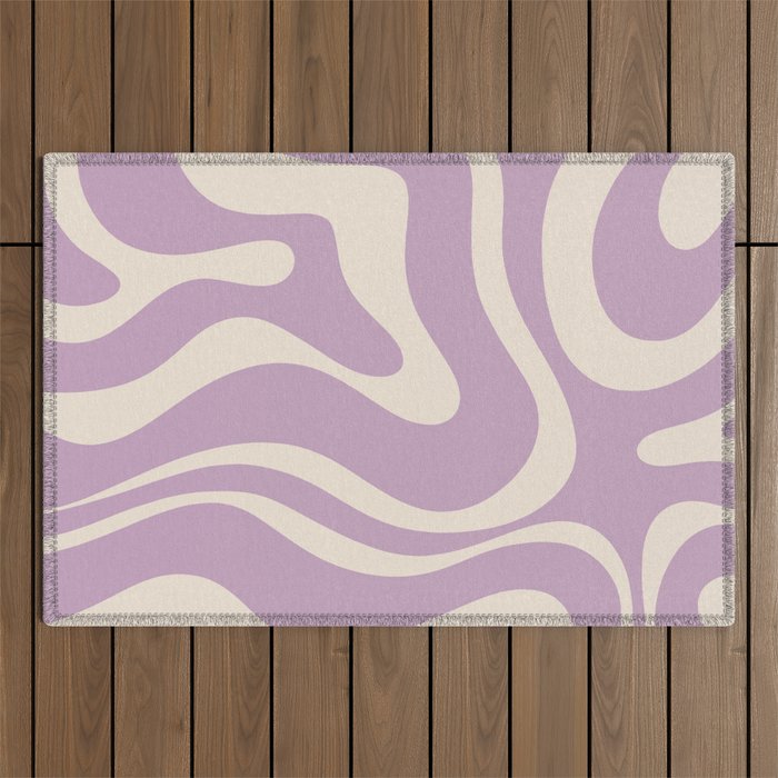 Modern Retro Liquid Swirl Abstract Pattern Square in Lavender Cream Outdoor Rug Gallery Image 1