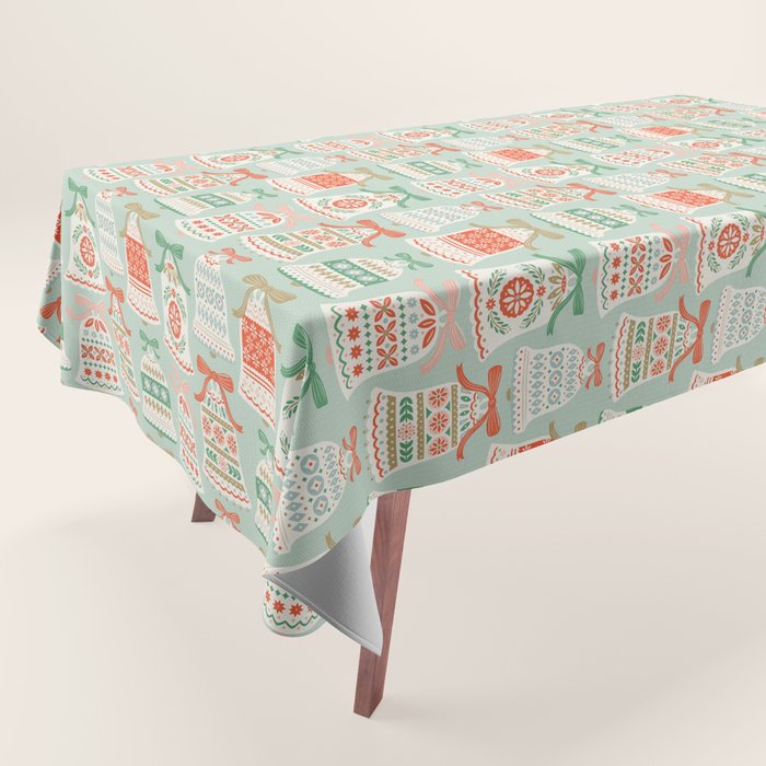 Folk Art Holiday Bells - Light Green Tablecloth Gallery Image 1