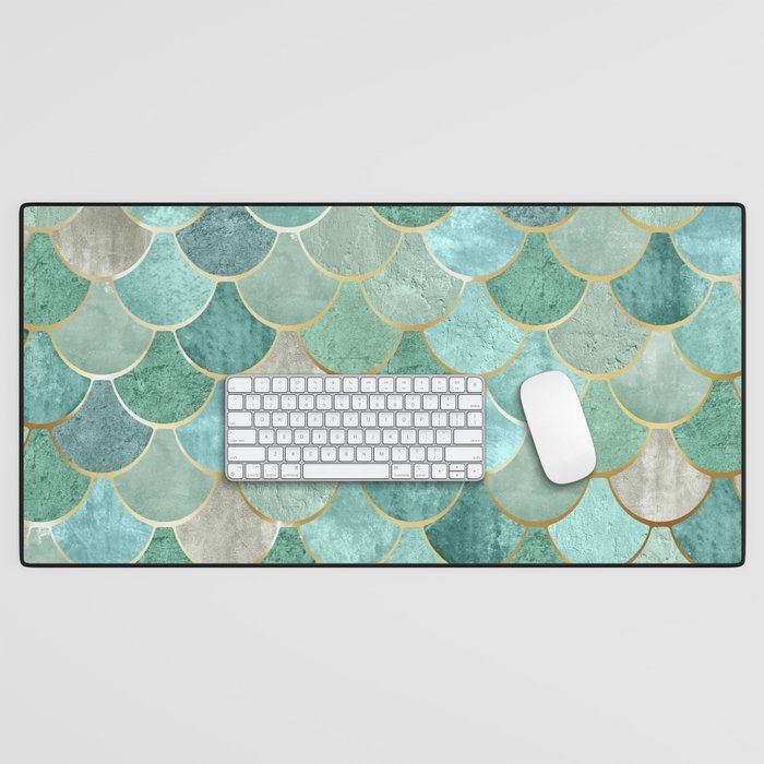Moroccan Mermaid Fish Scale Pattern, Green and Gold Desk Mat Gallery Image 1