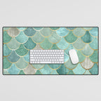 Moroccan Mermaid Fish Scale Pattern, Green and Gold Desk Mat Gallery Image 1