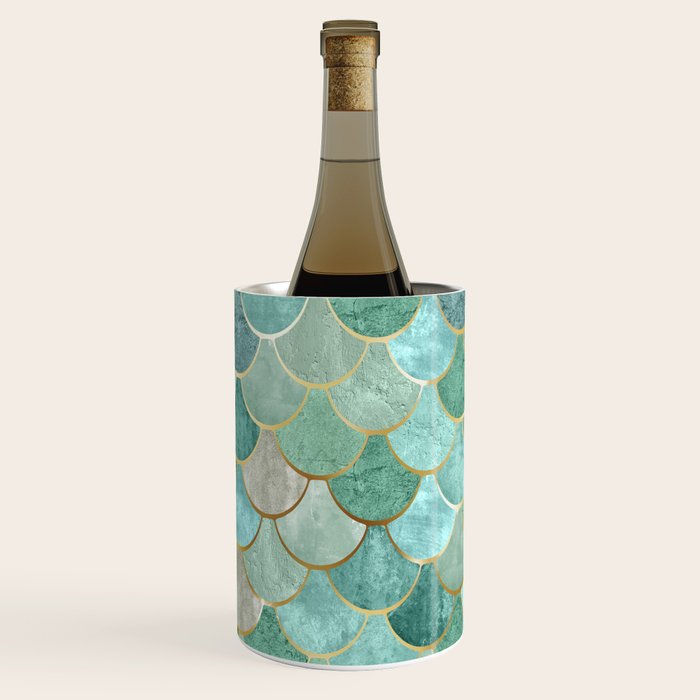 Moroccan Mermaid Fish Scale Pattern, Green and Gold Wine Chiller Gallery Image 1