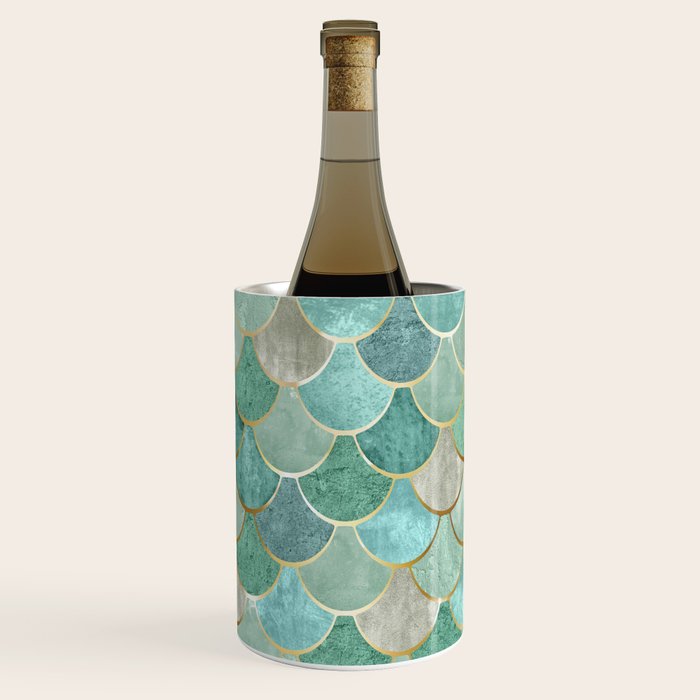 Moroccan Mermaid Fish Scale Pattern, Green and Gold Wine Chiller Gallery Image 2