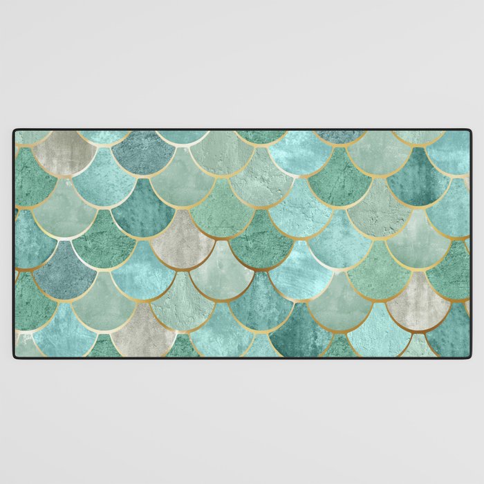 Moroccan Mermaid Fish Scale Pattern, Green and Gold Desk Mat Gallery Image 3