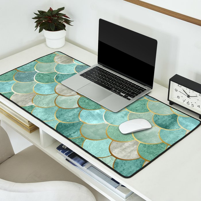 Moroccan Mermaid Fish Scale Pattern, Green and Gold Desk Mat Gallery Image 2