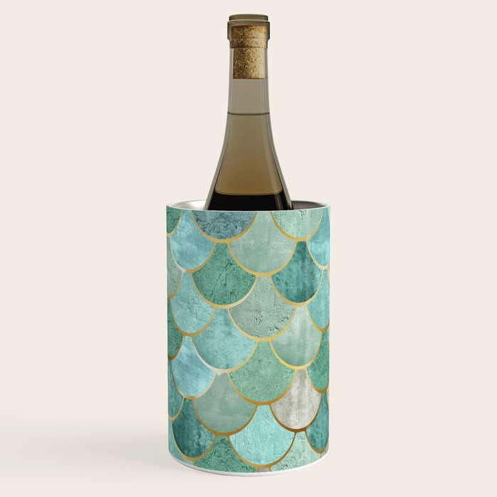 Moroccan Mermaid Fish Scale Pattern, Green and Gold Wine Chiller Gallery Image 3