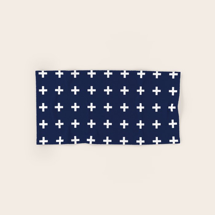 Navy Blue Swiss Cross Minimalist Line Drawing Bath Towel Gallery Image 1