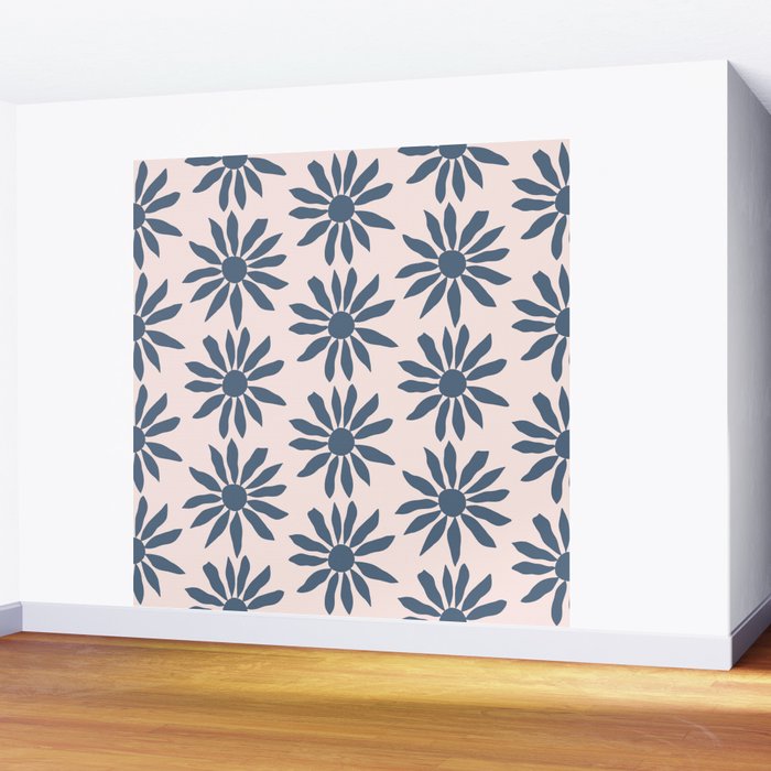 Blue Flowers on Pink Background - Pattern Wall Mural Gallery Image 2