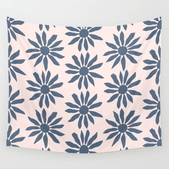 Blue Flowers on Pink Background - Pattern Wall Tapestry Gallery Image 4