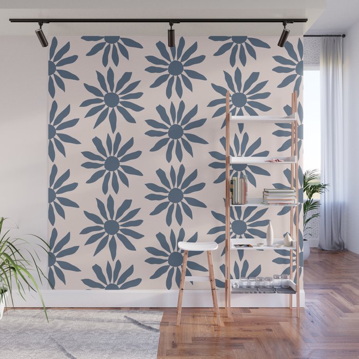 Blue Flowers on Pink Background - Pattern Wall Mural Gallery Image 1
