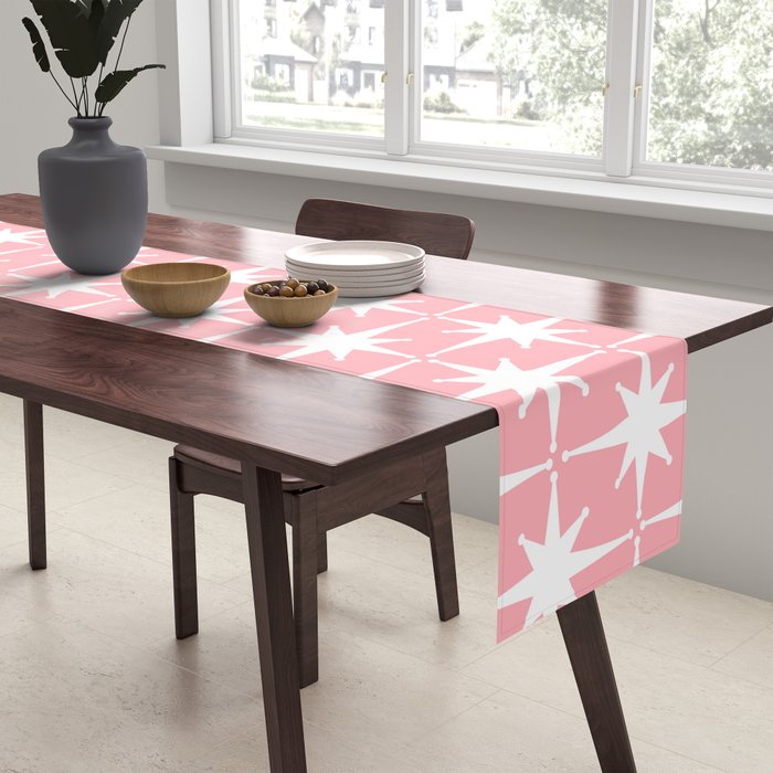 Midcentury Modern Atomic Age Starburst Pattern in White and Pink Table Runner Gallery Image 2