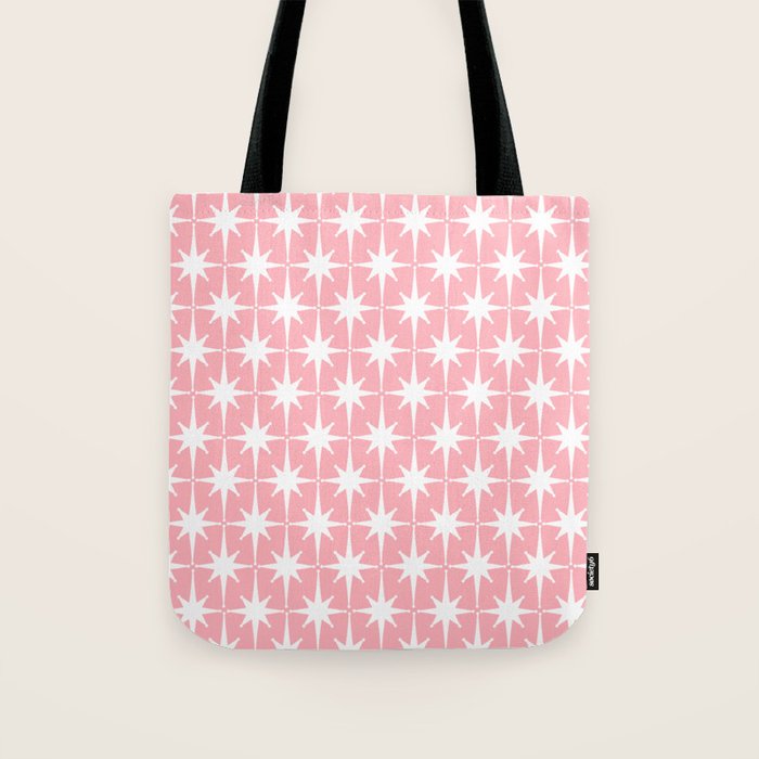Midcentury Modern Atomic Age Starburst Pattern in White and Pink Tote Bag Gallery Image 1