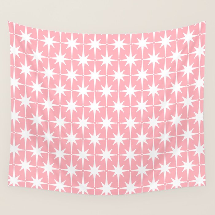 Midcentury Modern Atomic Age Starburst Pattern in White and Pink Wall Tapestry Gallery Image 4