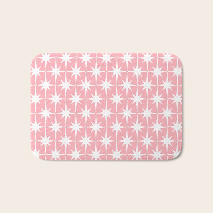 Midcentury Modern Atomic Age Starburst Pattern in White and Pink Bath Mat Gallery Image 1