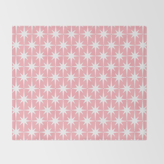 Midcentury Modern Atomic Age Starburst Pattern in White and Pink Throw Blanket Gallery Image 2